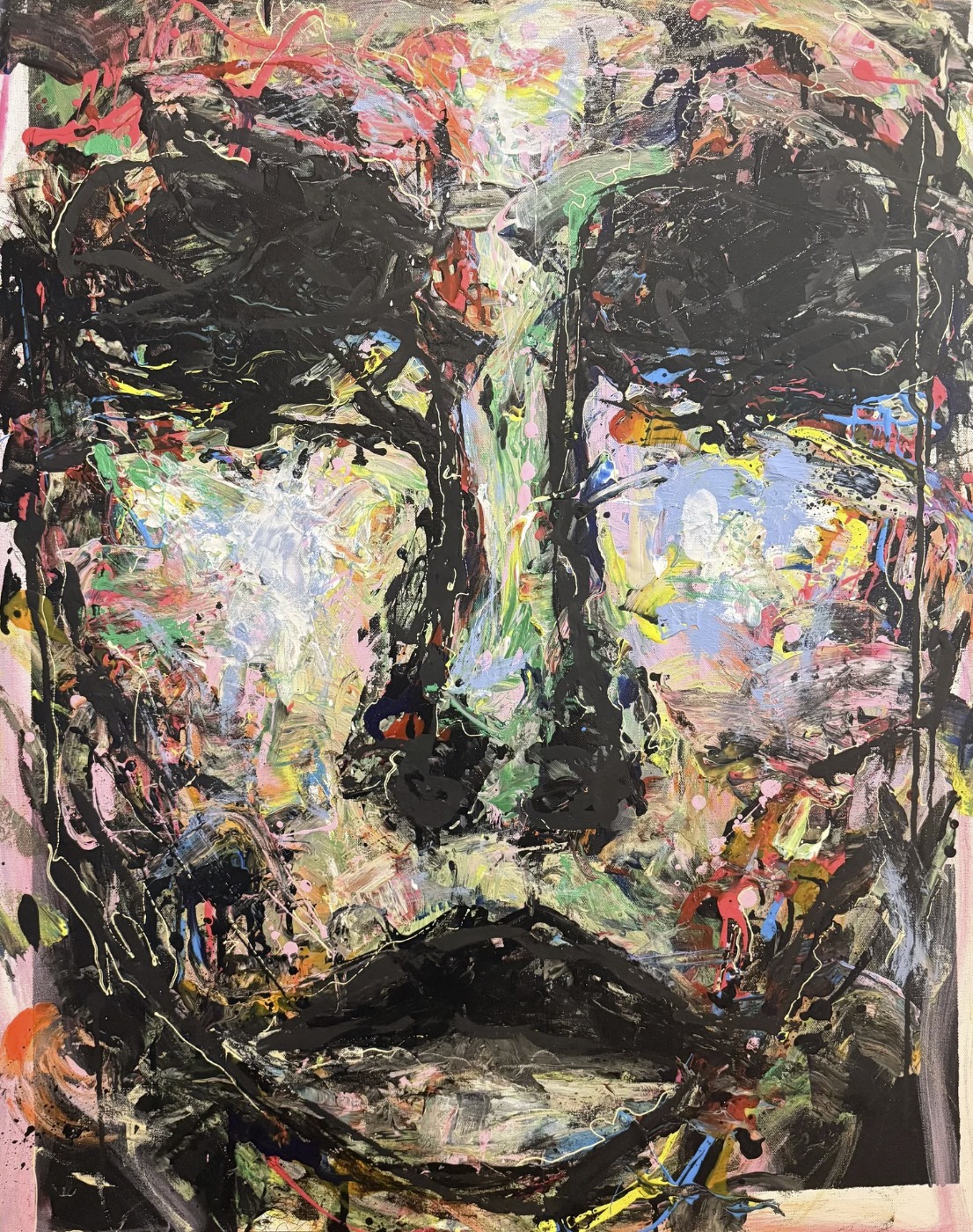 Burst — acrylic face painting in black drips over neon colour.