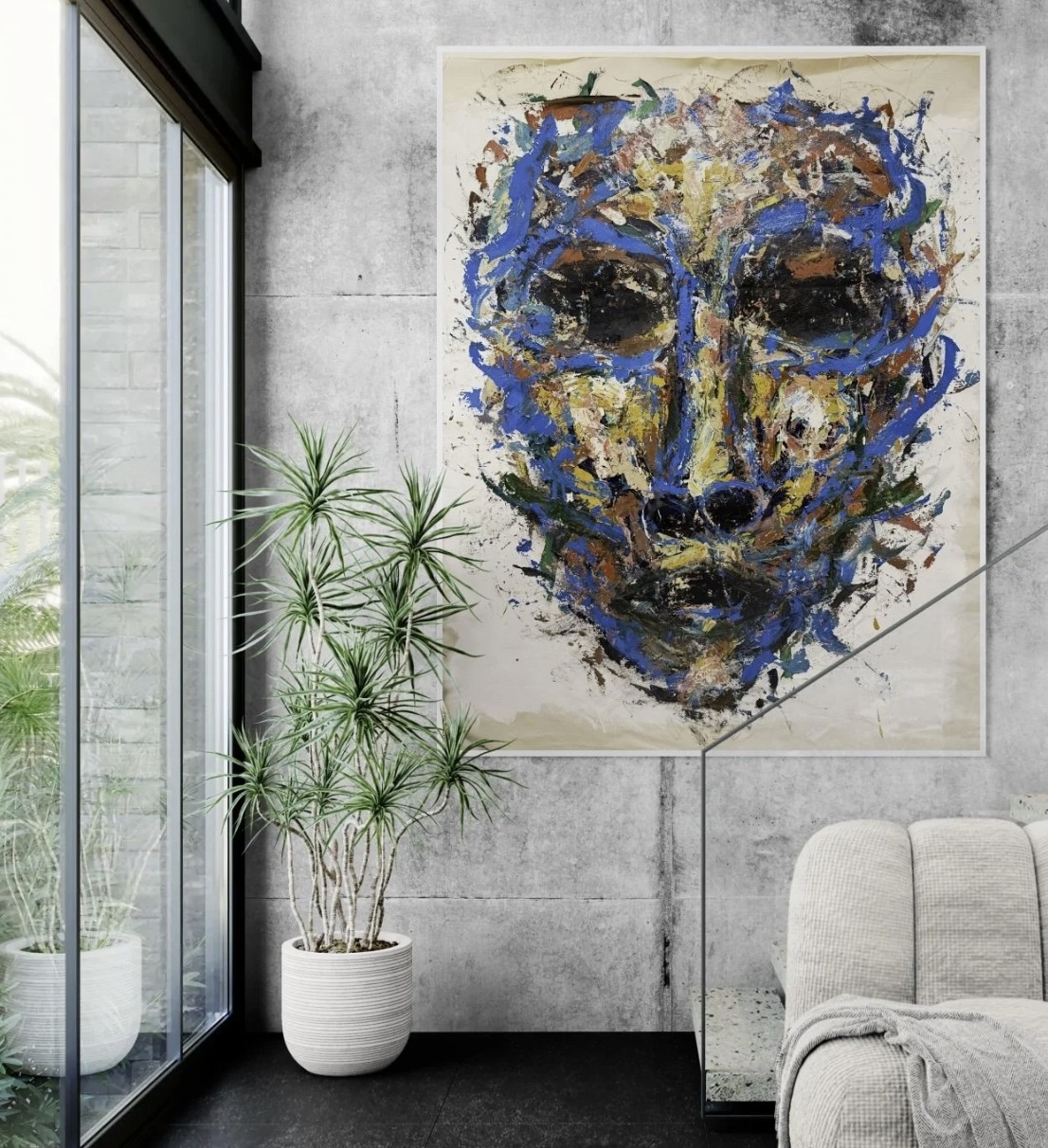 Metamorph — oil on unstretched canvas, a blue-outlined face in heavy impasto.