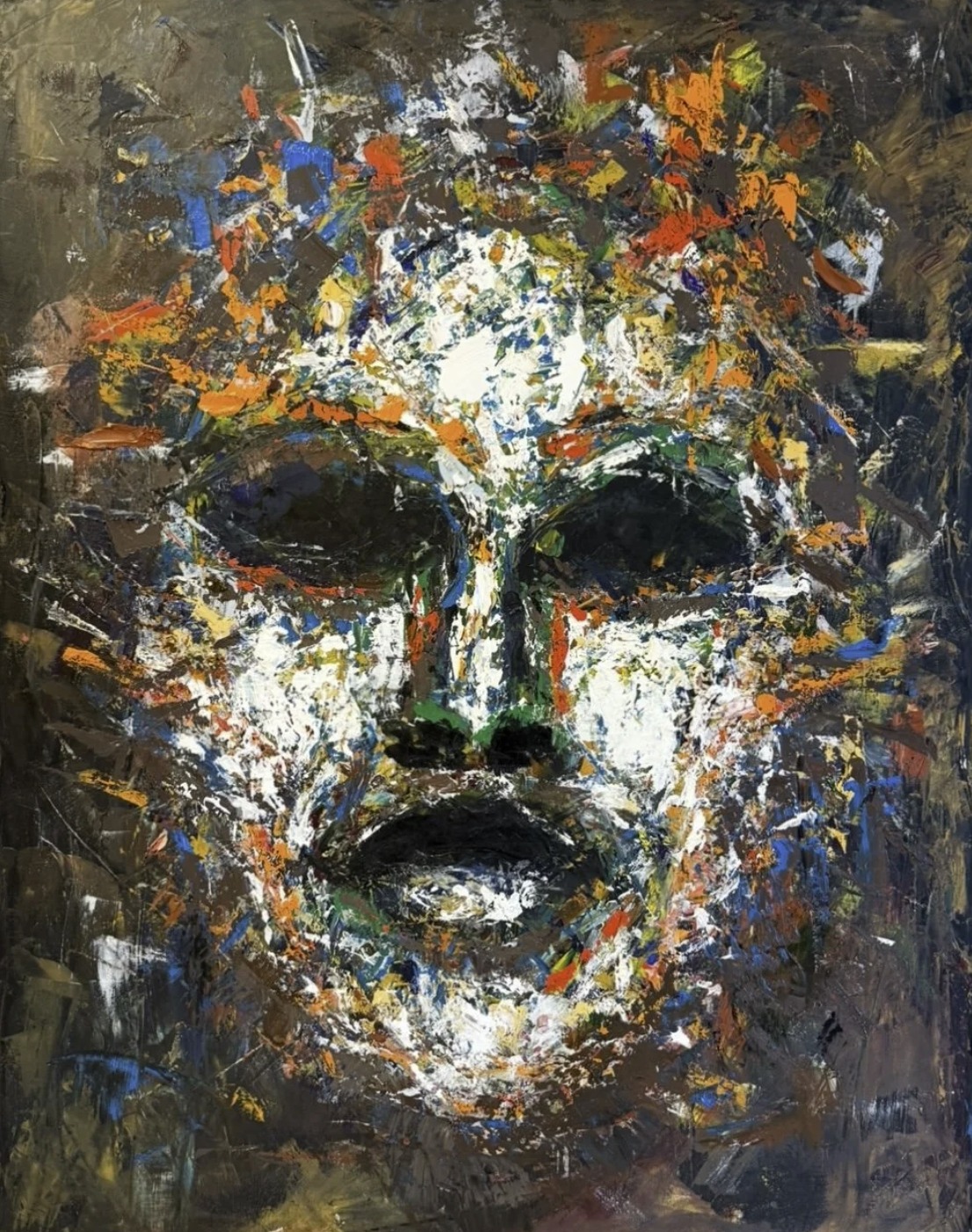 Mask — oil face painting in white, orange and blue marks on a bronze ground.